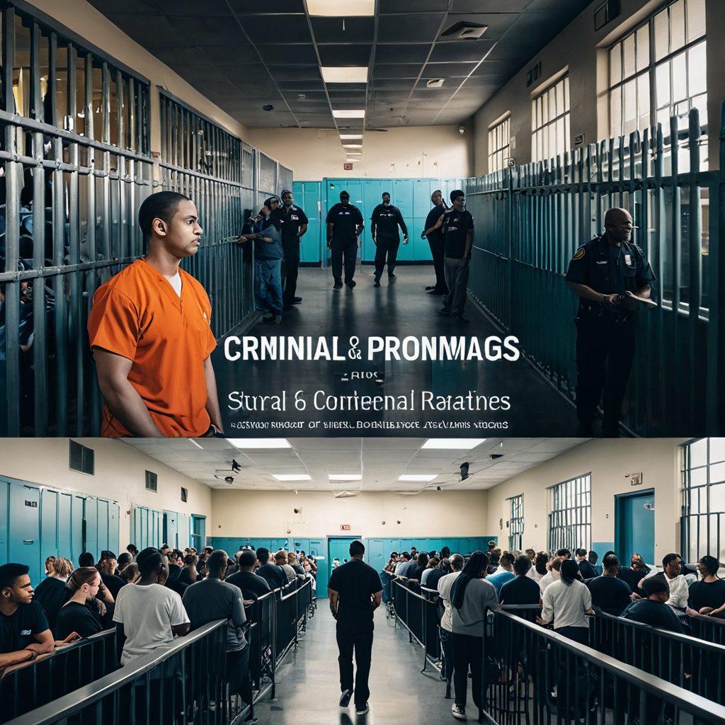 A split image showing two contrasting scenes: on one side, the stark environment of a jail with bars and shadows, symbolizing arrest records; on the other side, a bright, uplifting rehabilitation center bustling with diverse people engaged in positive activities. Arrows or pathways connecting the two scenes to signify the journey through criminal justice. The overall mood should convey hope and transformation. vibrant colors. super-realistic.