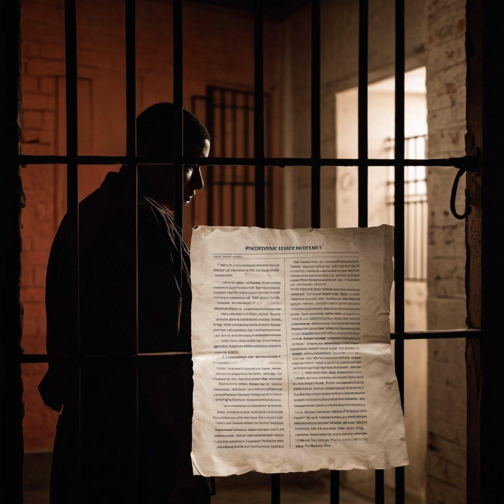 A dramatic close-up of prison bars with a shadowy figure silhouette in the background, symbolizing the hidden truth behind criminal records. Layers of fragmented paper documents depicting criminal background checks surround the bars, emphasizing their significance. A dim light casts eerie shadows, creating a sense of mystery and intrigue. The color palette consists of dark tones with hints of red to evoke urgency. super-realistic. dark atmosphere. vibrant colors.